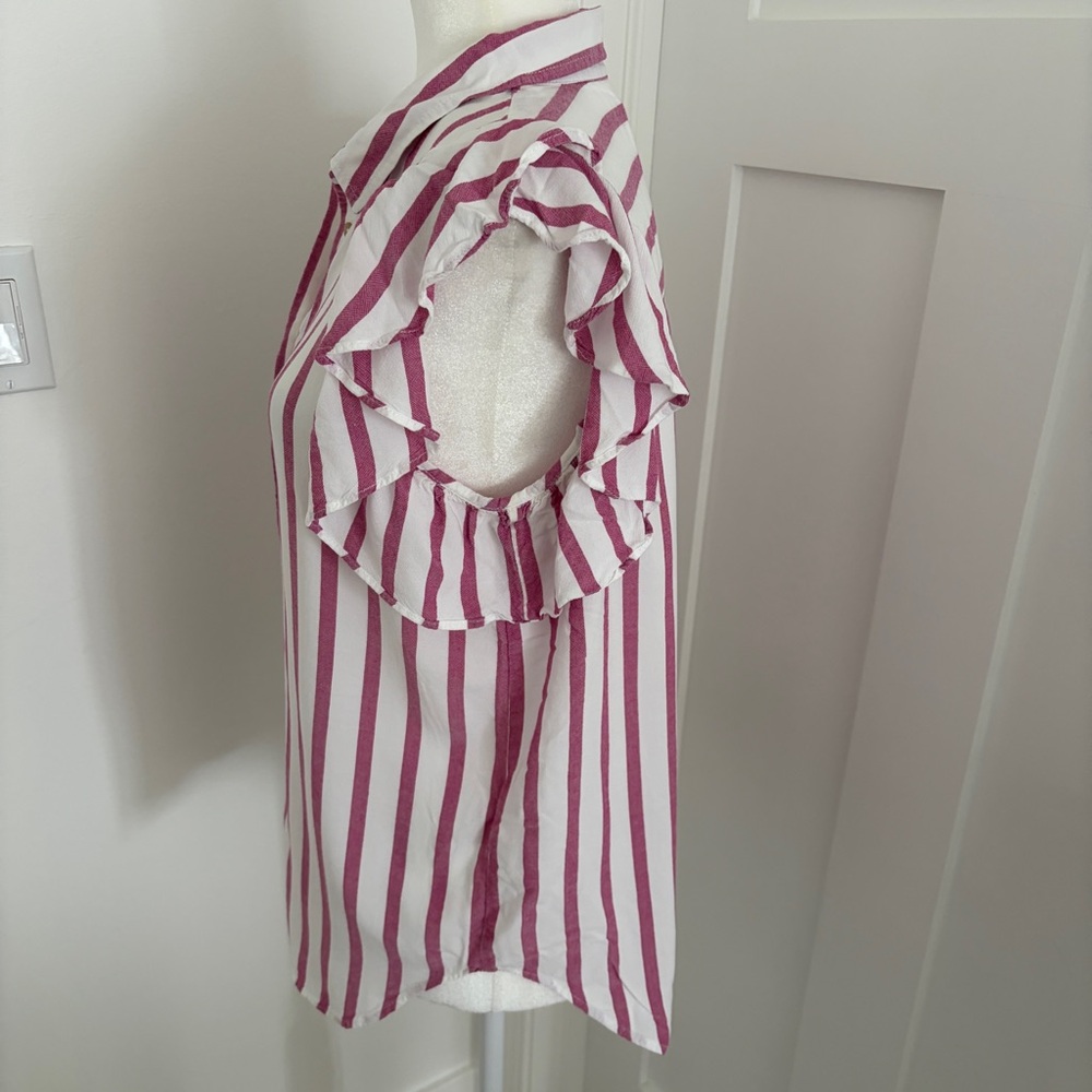 Maeve Anthropologie Striped Ruffle Sleeve Blouse Pink White Button Front M*U25 - Picture 3 of 3